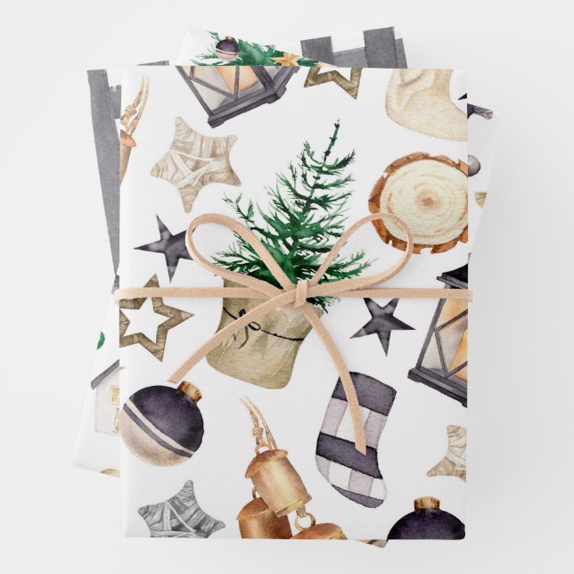  Watercolor Farmhouse Gnome Pattern Wrapping Paper Sheets (In situ)