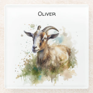 Watercolor Farmhouse Goat, custom Glass Coaster