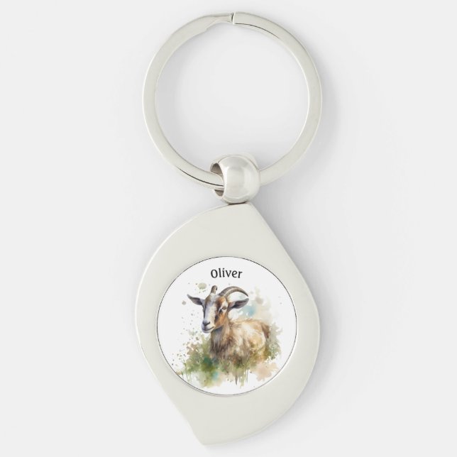 Watercolor Farmhouse Goat, custom Keychain (Front)