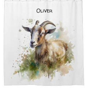 Watercolor Farmhouse Goat, custom Shower Curtain