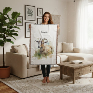 Watercolor Farmhouse Goat, custom Throw Blanket