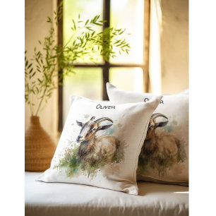 Watercolor Farmhouse Goat, custom Throw Pillow