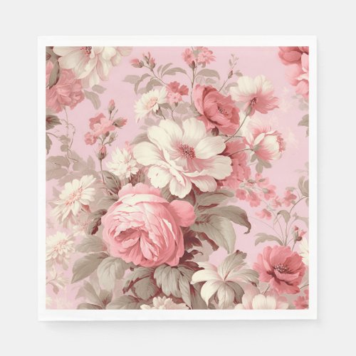 Watercolor Farmhouse Pink Roses  White Cosmos Napkins