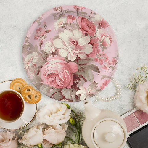 Watercolor Farmhouse Pink Roses  White Cosmos Paper Plates