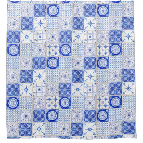 Watercolor Farmhouse Vintage Blue White Tile Art Shower Curtain