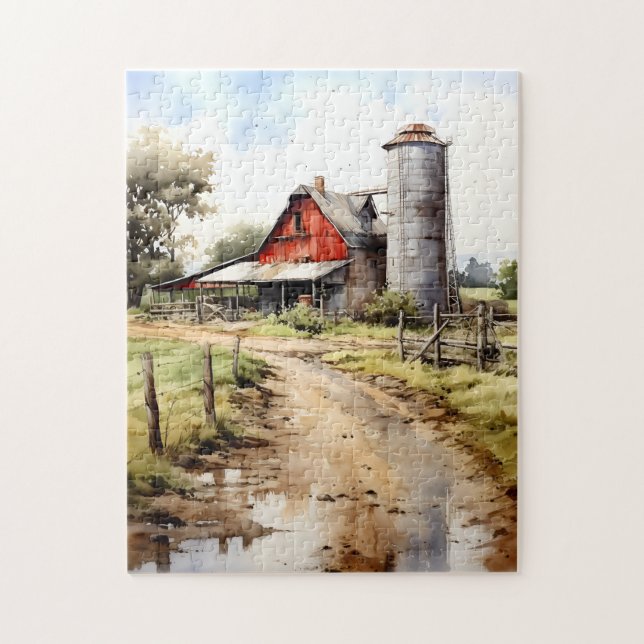 Watercolor Farmhouse with Silo Puzzle (Vertical)