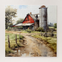 Watercolor Farmhouse with Silo Puzzle