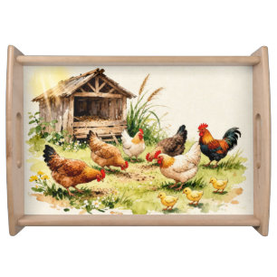 Watercolor Farmyard Chickens Serving Tray