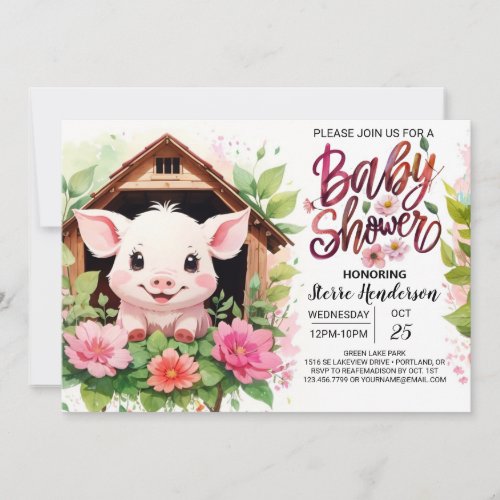 Watercolor Farmyard Magic Piggy Baby Shower Invitation