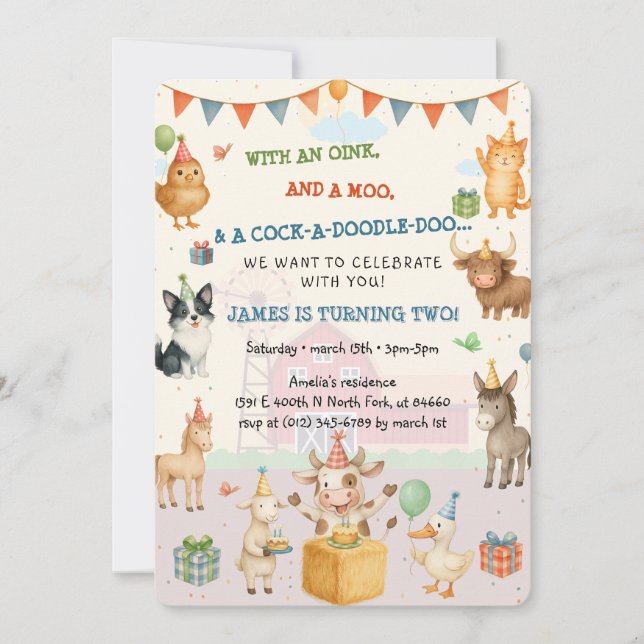 Watercolor Farmyard Oink Baa Moo Farm Fun Birthday Invitation (Front)