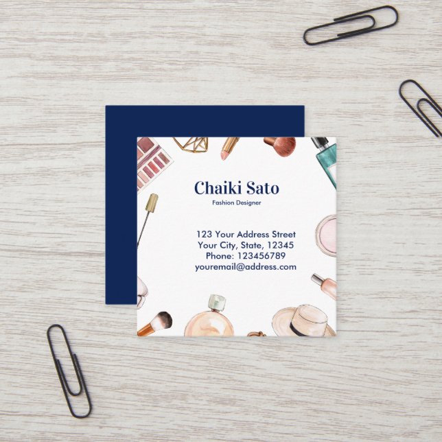 Watercolor Fashion Designer Square Business Card (Front/Back In Situ)