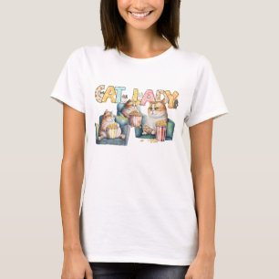 WATERCOLOR FAT CATS IN CHAIRS EATING POPCORN T-Shirt