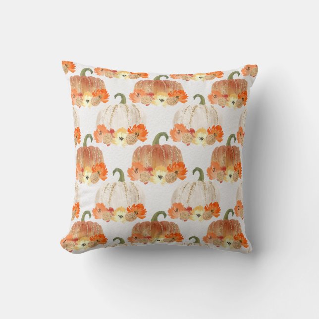 Watercolor Faux Glitter Fall Pumpkins  Throw Pillow (Front)