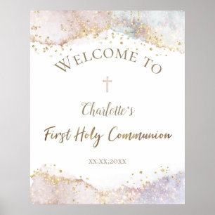 watercolor faux glitter First Communion welcome  Poster