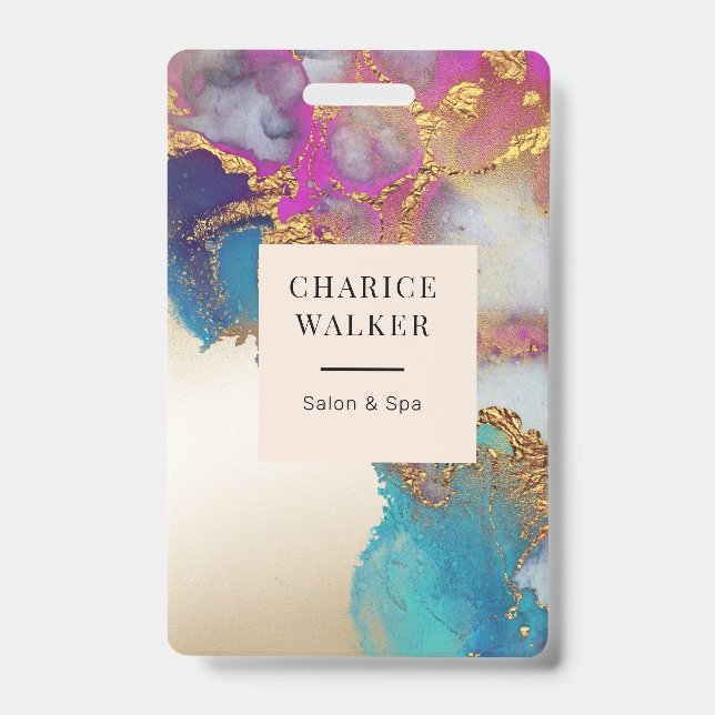 watercolor faux gold foil salon monogram name badge (Front)