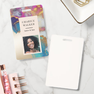 Watercolor Faux Gold Foil Salon Photo Name Badge
