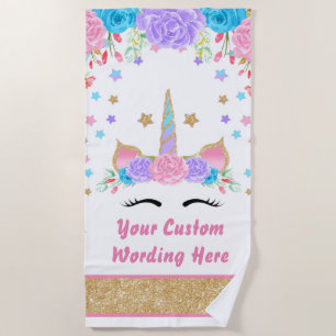 Watercolor  Faux Gold Glitter Unicorn Personalized Beach Towel