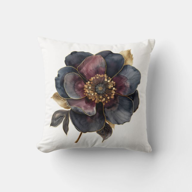 Watercolor faux gold marsala and black flowers throw pillow (Front)