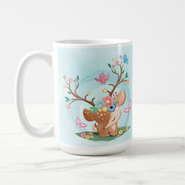 Watercolor Fawn, Birds, Butterflies Coffee Mug (Left)