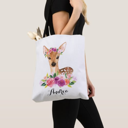 Watercolor Fawn with Floral Crown Personalized Tote Bag