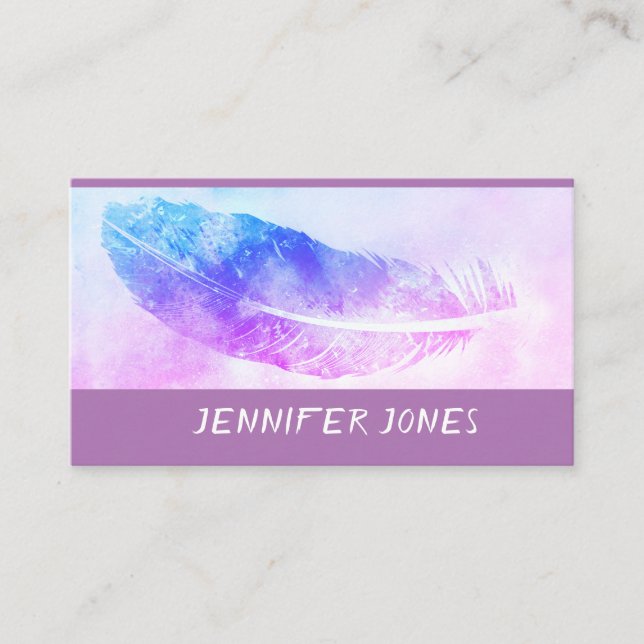 watercolor feather art on lavender custom business card (Front)