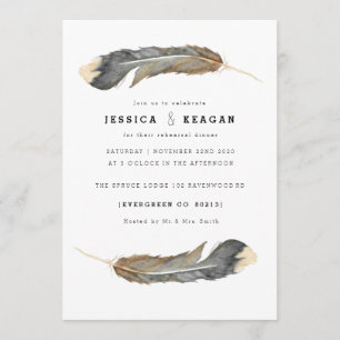 Watercolor Feather Duo Rehearsal Dinner Invitation
