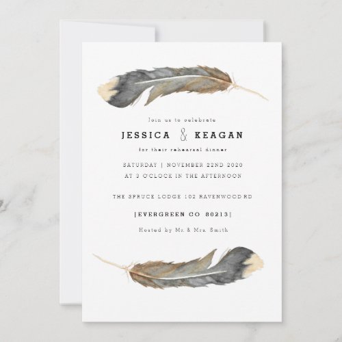 Watercolor Feather Duo Rehearsal Dinner Invitation