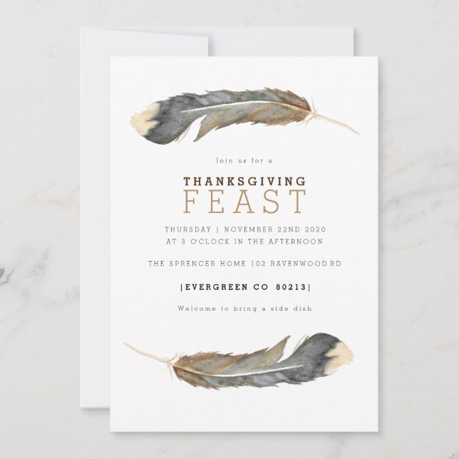 Watercolor Feather Duo Thanksgiving Feast Invite (Front)