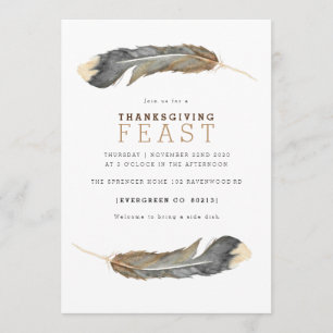 Watercolor Feather Duo Thanksgiving Feast Invite