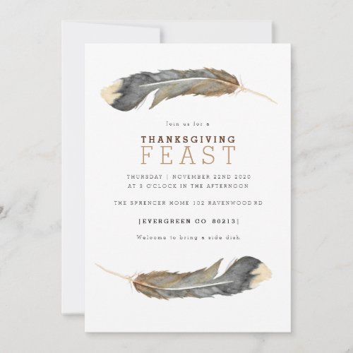 Watercolor Feather Duo Thanksgiving Feast Invite
