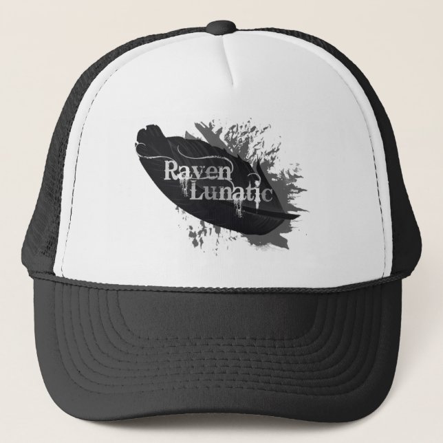 Watercolor Feather Funny Quote Raven Lunatic Trucker Hat (Front)
