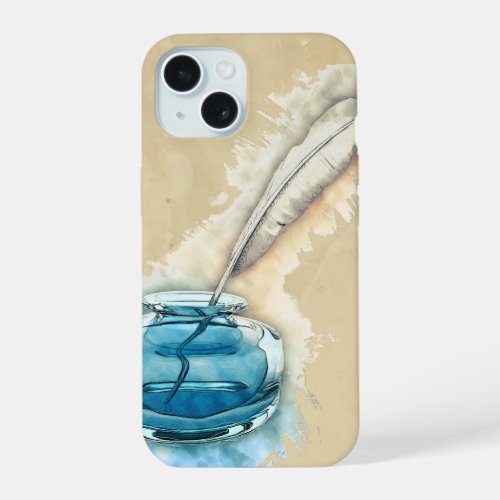 Watercolor feather pen Ink Bowl Writer  iPhone 15 Case