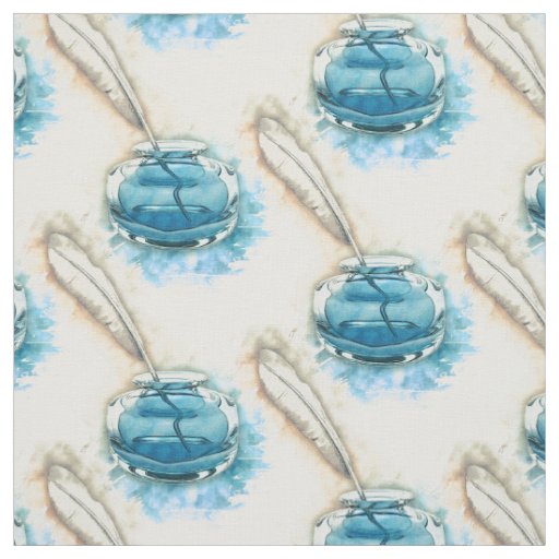 Watercolor Feather Pen Quill and Ink Bottle Print Fabric