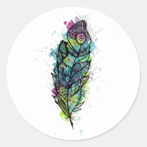 Watercolor Feather Tattoo Classic Round Sticker