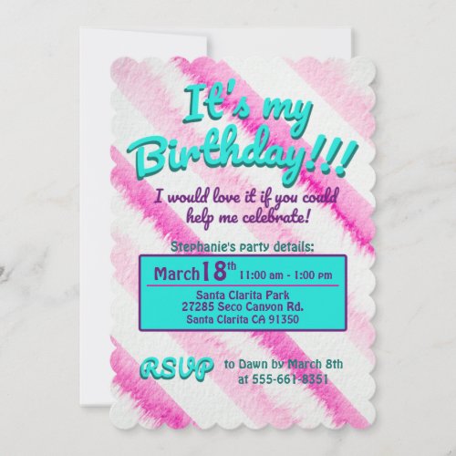 Watercolor Feathered Pink Stripes Birthday Party Invitation