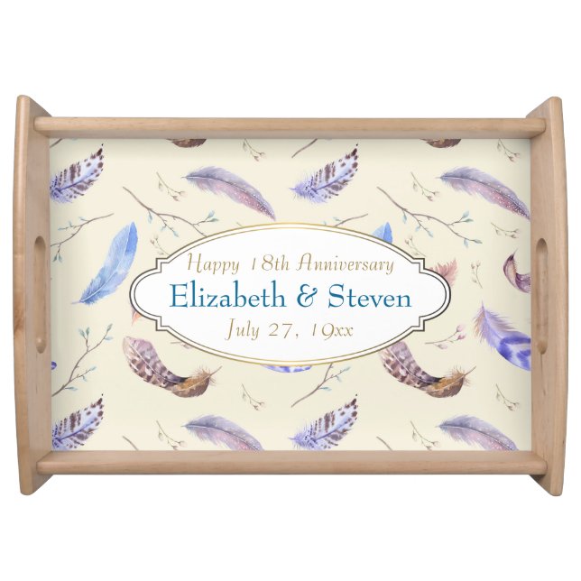 Watercolor Feathers 18th Anniversary Serving Tray (Front)