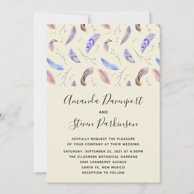 Watercolor Feathers and Leaves Wedding Invitation (Front)