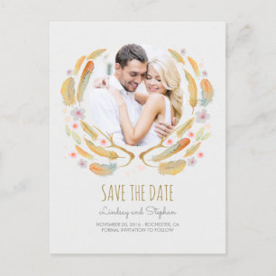 Watercolor Feathers Antlers Photo Save the Date Announcement Postcard