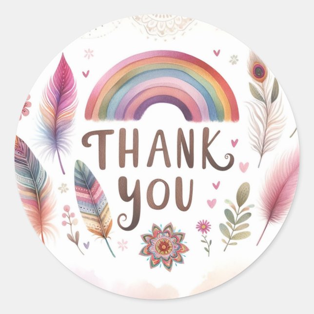 Watercolor Feathers Bohemian Boho Birthday Party Classic Round Sticker (Front)