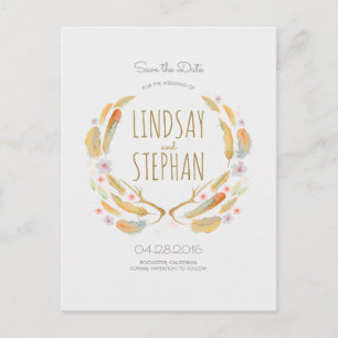 Watercolor Feathers Boho Antlers Save the Date Announcement Postcard