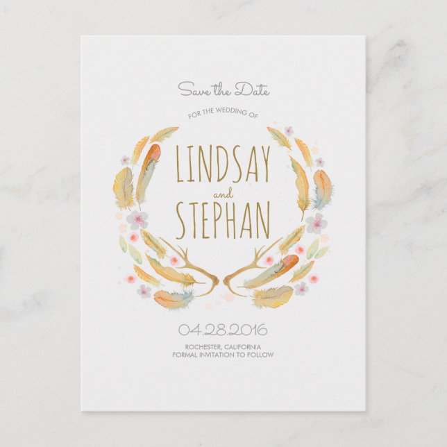 Watercolor Feathers Boho Antlers Save the Date Announcement Postcard (Front)