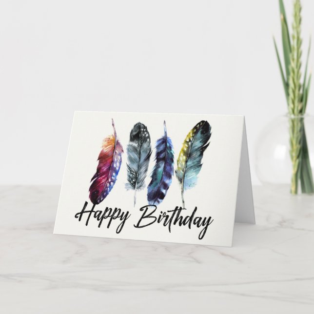 Watercolor Feathers Boho Happy Birthday Card (Front)
