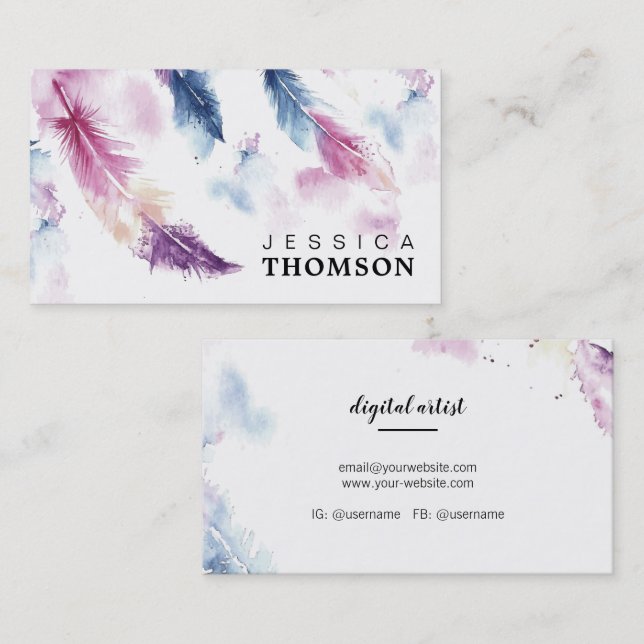 Watercolor feathers business card (Front/Back)