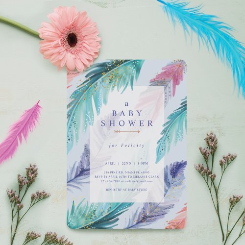 Watercolor Feathers Chic Bohemian Boy Baby Shower Invitation