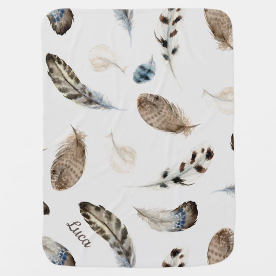 Watercolor Feathers Gender Neutral Name Baby Blanket