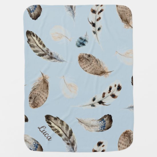 Watercolor Feathers Gender Neutral Name Baby Blanket