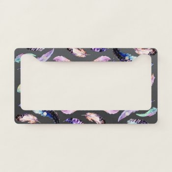Watercolor Feathers Grey Pattern License Plate Frame by EveyArtStore at Zazzle