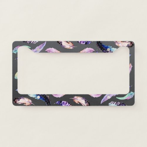 Watercolor Feathers Grey Pattern License Plate Frame