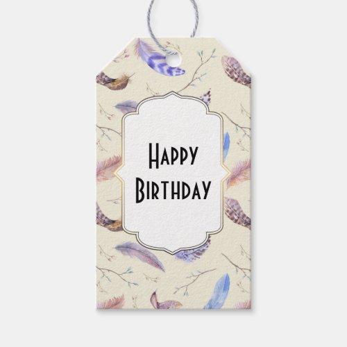 Watercolor Feathers Leaves and Branches Birthday Gift Tags