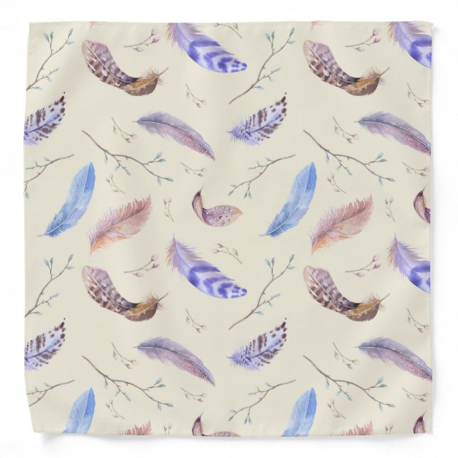 Watercolor Feathers Leaves and Branches Pattern Bandana (Front)
